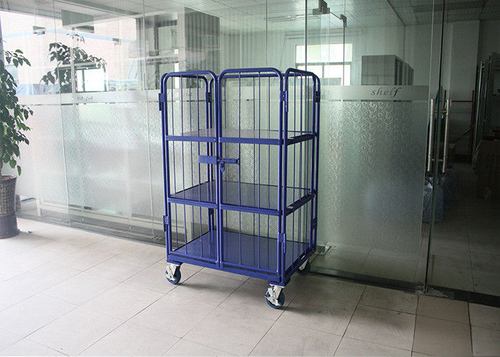 3 Tiers Steel Foldable Wire Mesh Cage , Mobile Storage Cages For Logistics